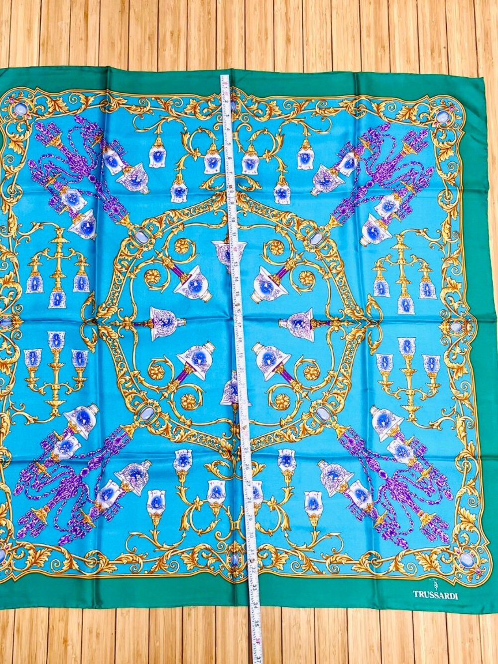New-Beautififul Trussardi 100% silk Scarf satin 35" Beige Gold Red Striped (17 - Picture 12 of 16
